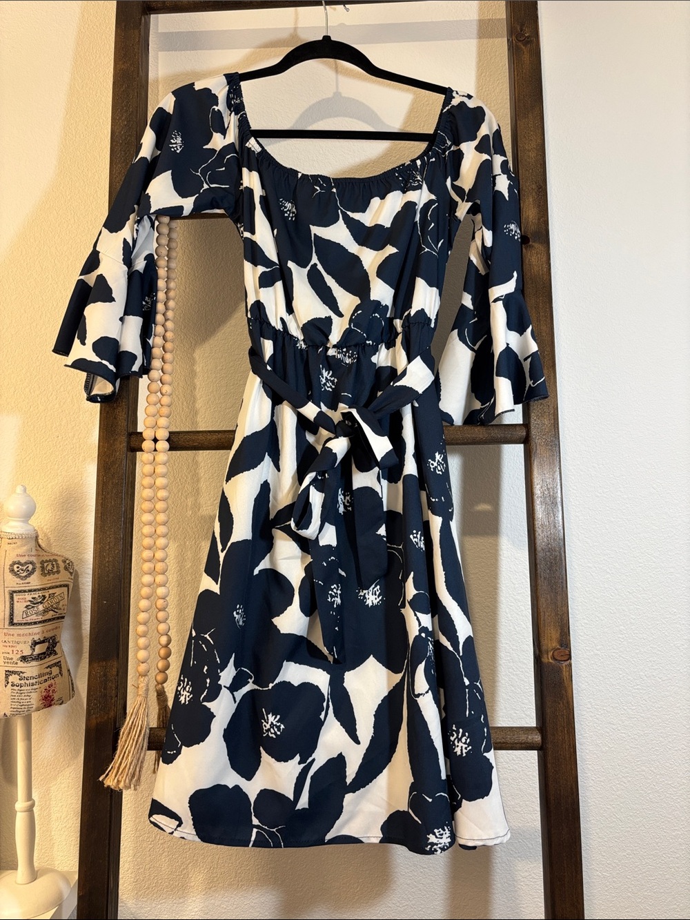 Navy Floral Midi Dress with Tie Waist